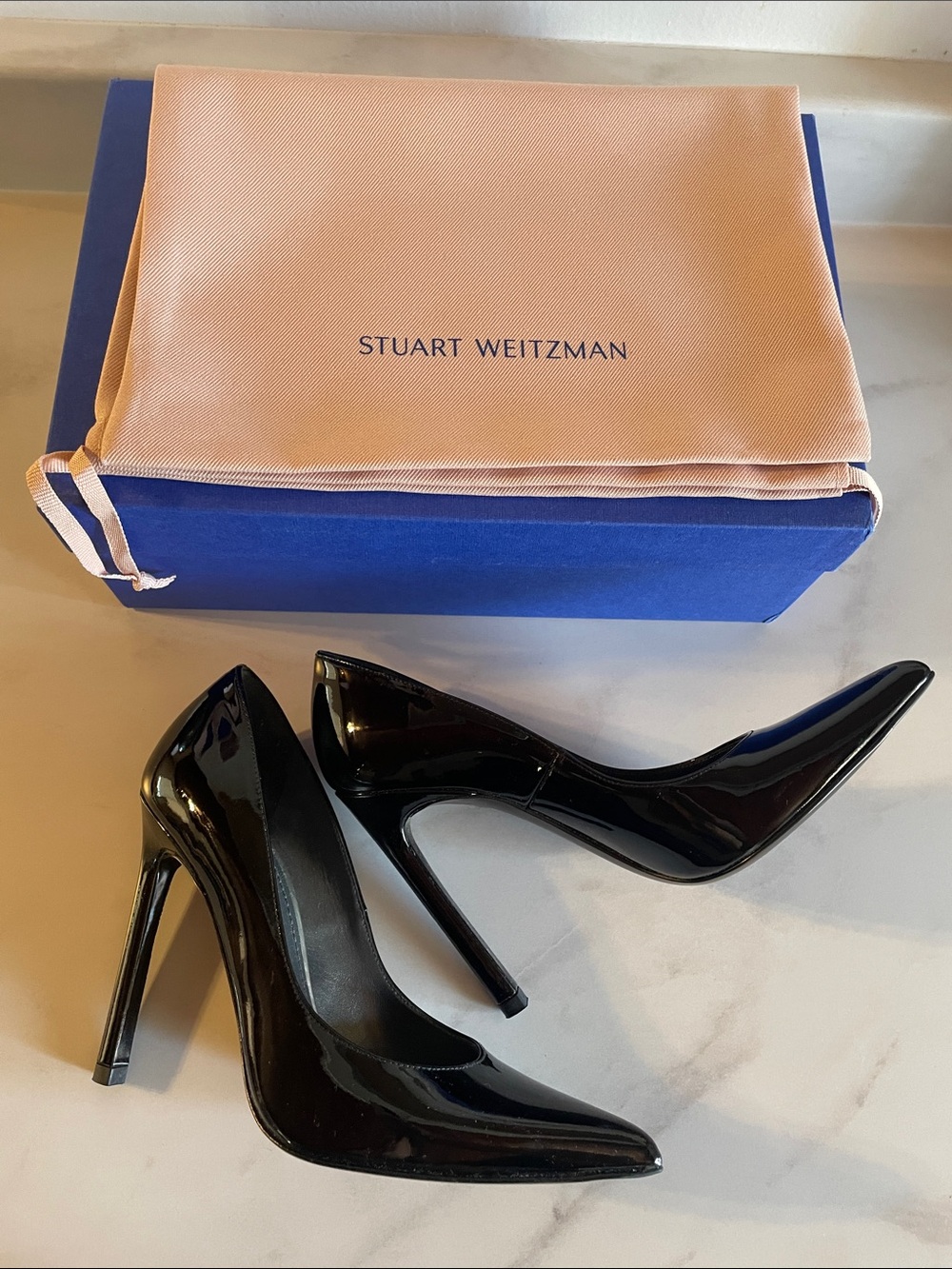 Stuart Weitzman Black Patent Pointed Toe Stiletto Pumps - Glossy Finish Size 5